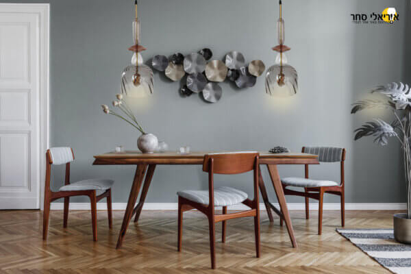 Modern dining room interior with glamour wooden table , stylish chairs and design decoration. Template. Home decor.